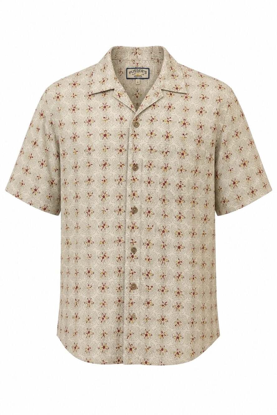Pusser's Island Style Men Floral Print Silk Cotton Blend Short Sleeve Camp Shirt